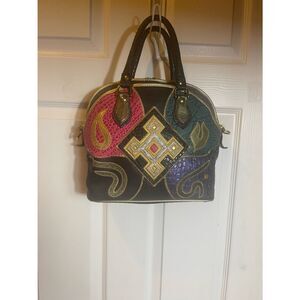 Vintage NAS Bag Black Multicolor  patchwork Embroidered Accent Dome Satchel bag.